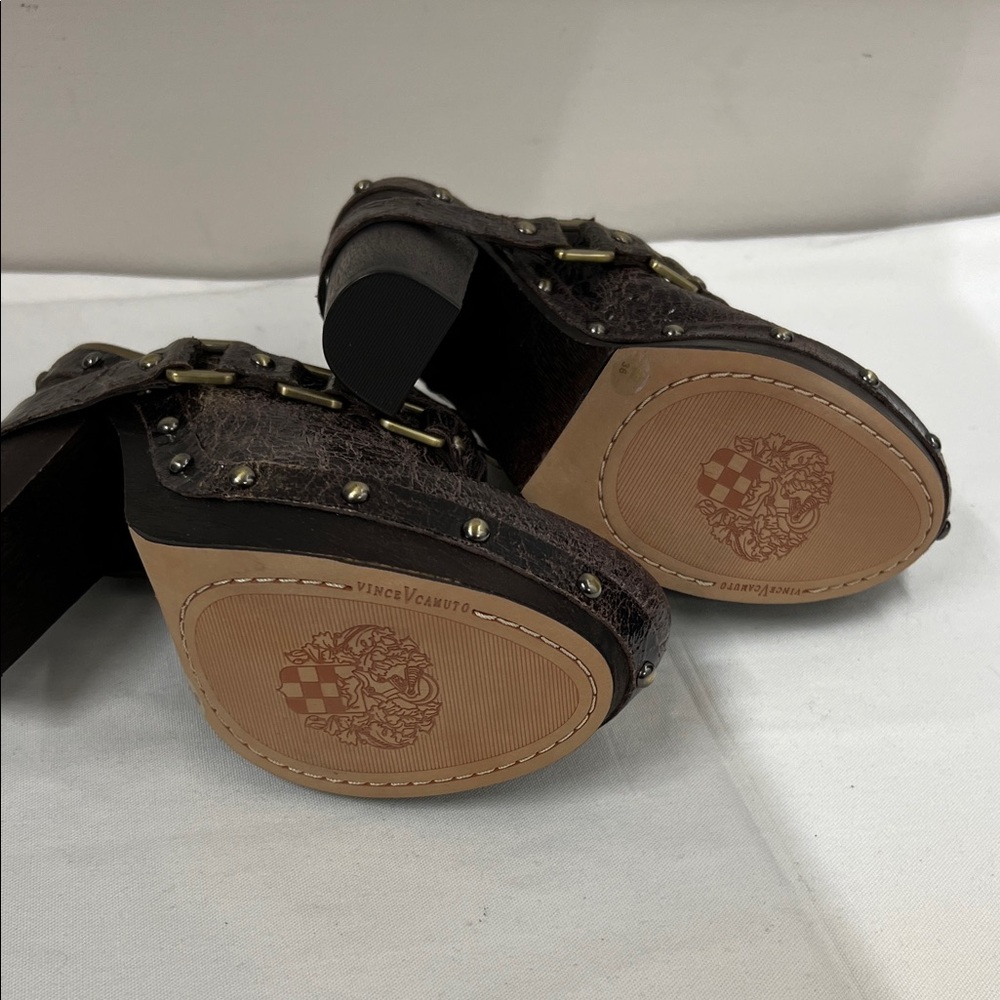 Vince Camuto Brown Leather Studded Mules size 6 6B heel 5” new no box - Picture 6 of 6